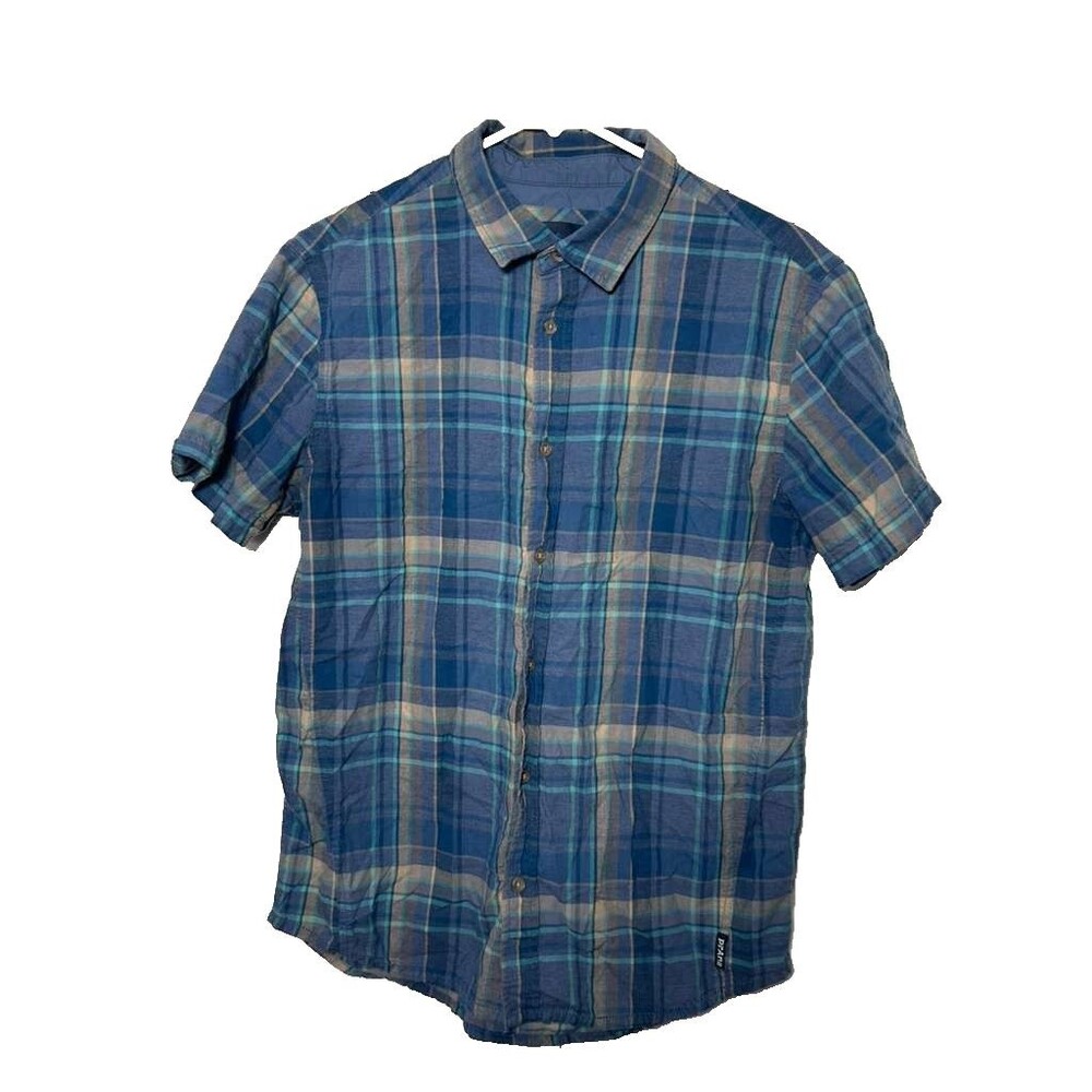 Prana Plaid Button Down Shirt Men's Medium Blue Short Sleeves Outdoor Casual
